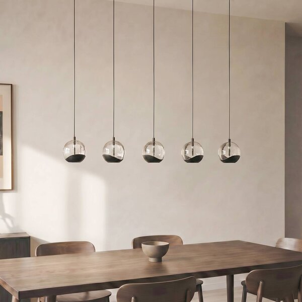 Lucande LED függő lámpa Hayley, fekete, 5 izzós, hosszúkás, Tiszta / átlátszó, Nappali / Étkező, Üveg, Modern