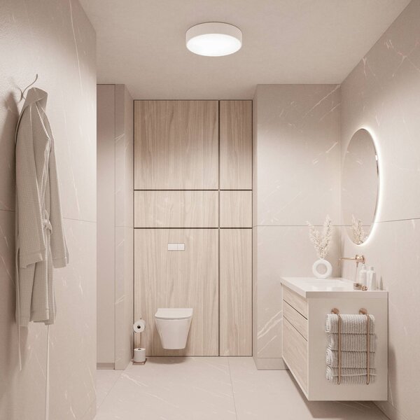 TEMAR LIGHTING Cleo 300 mennyezeti lámpa, fehér, érzékelő, IP54, Ø 30 cm, fém, Fehér / opál, Folyosó, fém, Modern