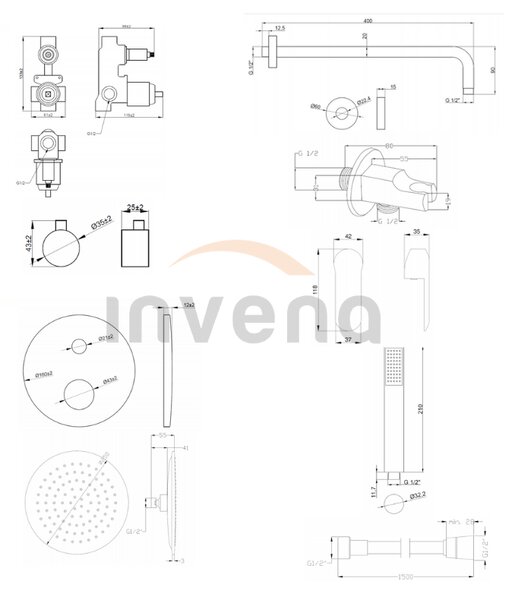Invena Siros, rejtett zuhanygarnitúra 2 kivezetéses testtel, fekete matt, INV-BS-90-012-A