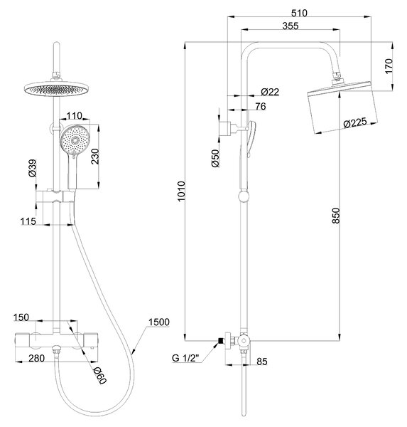 Invena Volos, zuhanyszett termosztátos keverőcsappal, króm, INV-AU-37-T01-V