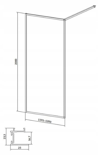 Cersanit Larga, Walk-In zuhany paraván 120x200 cm, 8mm átlátszó üveg, fekete profil, S932-140