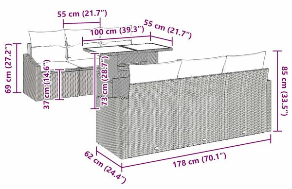 VidaXL Kerti Kanapé Szett párnával 7 pcs Barna és Krém polirattan