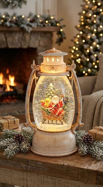 Lampáš MagicHome Vianoce Retro, LED teplá biela, so santom na saniach, s trblietkami, biely, 3xAA, p