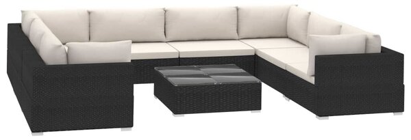 VidaXL 9-részes fekete polyrattan kerti bútorszett párnákkal
