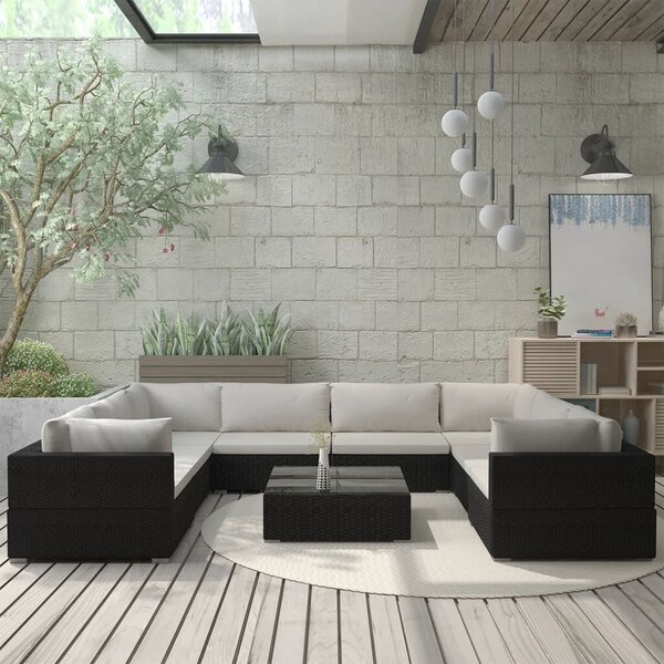 VidaXL 9-részes fekete polyrattan kerti bútorszett párnákkal