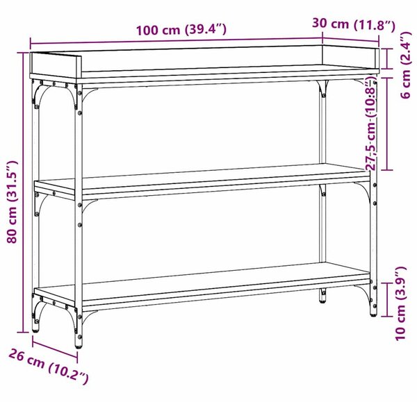 VidaXL Konzolasztal polcokkal kézműves tölgy 100 x 30 x 80 cm