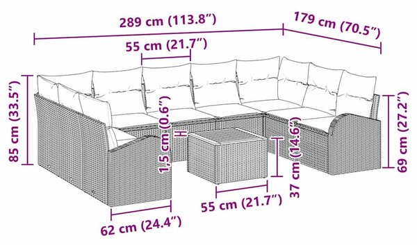 VidaXL Kerti Kanapé Szett párnával 10 pcs Bézs polirattan