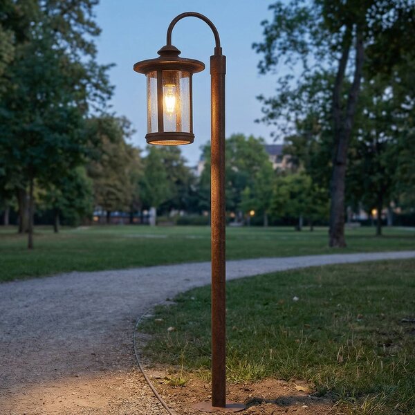 Lindby ösvény világítás Zayn, rozsdaszínű, üveg, magasság 109 cm, IP65, dimmelhető, Barna / rozsda, Alumínium, Antik