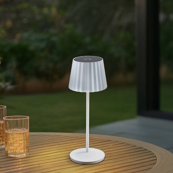 Lindby LED tölthető asztali világítás Esali, fehér, barázdák, 29 cm, dimmelhető, Fehér / opál, Nappali / Étkező, Alumínium, Modern