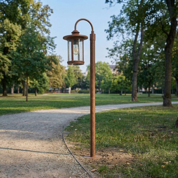 Lindby ösvény világítás Zayn, rozsdaszínű, üveg, magasság 109 cm, IP65, dimmelhető, Barna / rozsda, Alumínium, Antik