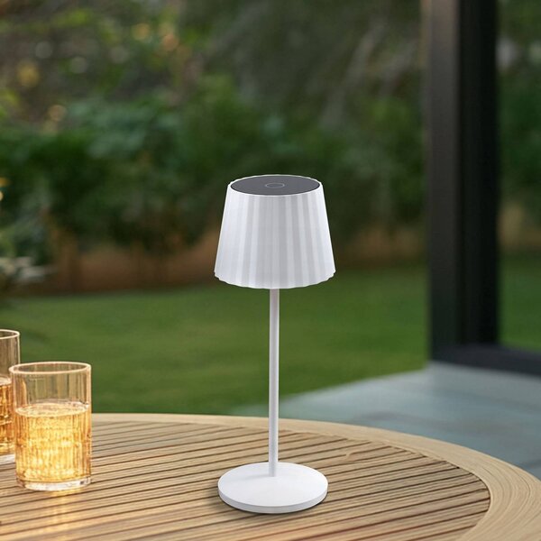 Lindby LED tölthető asztali világítás Esali, fehér, barázdák, 29 cm, dimmelhető, Fehér / opál, Nappali / Étkező, Alumínium, Modern