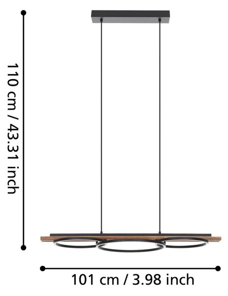 EGLO Boyal LED-es függőlámpa, barna, 101 cm hosszú, fa, 3-lámpás., Sötét fa, Nappali / Étkező, Fa