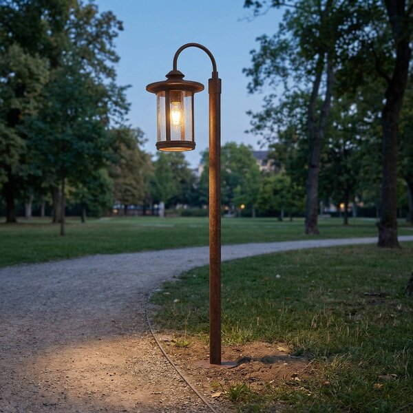 Lindby ösvény világítás Zayn, rozsdaszínű, üveg, magasság 109 cm, IP65, dimmelhető, Barna / rozsda, Alumínium, Antik