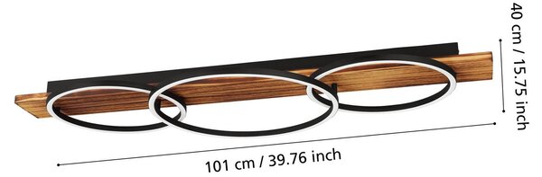 EGLO LED mennyezeti lámpa Boyal, fekete, 101 cm hosszú, fa, 3-lámpás., Sötét fa, Nappali / Étkező, Fa