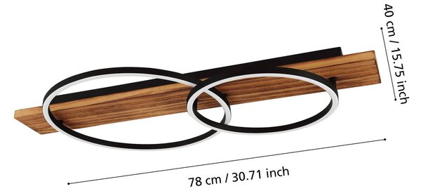 EGLO LED mennyezeti lámpa Boyal, barna, 78 cm hosszú, fa, 2-lámpás., Sötét fa, Nappali / Étkező, Fa