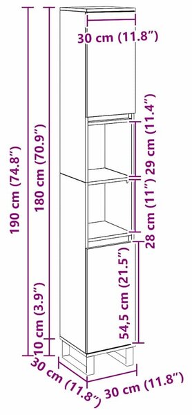 VidaXL Fürdőszoba Székény Fekete tölgy 30 x 30 x 190 cm Szerelt Fa