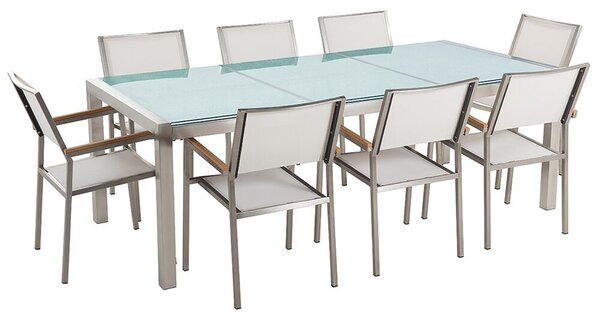 Nyolcszemélyes étkezőasztal repedezett üveglappal és fehér textilén székekkel GROSSETO