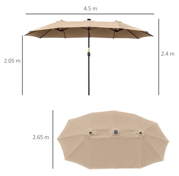 Outsunny 4,5 m Kerti Napernyő 48 Napelemes LED Lámpával, Dupla Napernyő Hajtókarral, Khaki