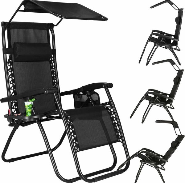 SERSIMO GC3 Összecsukható napozóágy, Zero Gravity relax, tetővel, 175 cm, fekete