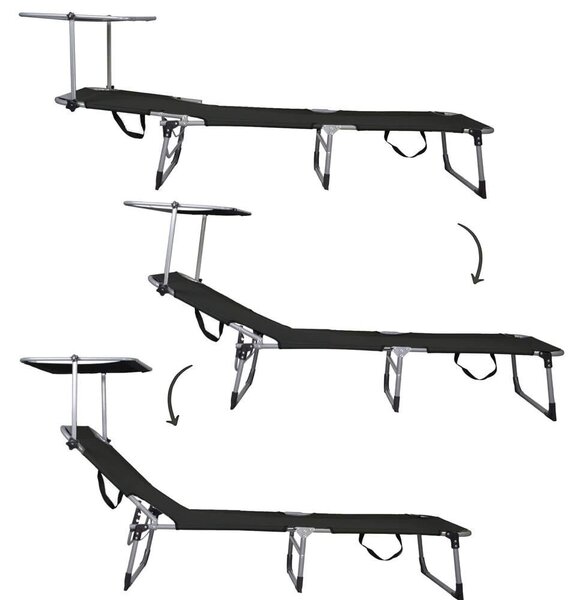 Összecsukható napozóágy állítható napellenzővel, 3 pozíció, poliészter, fém, 188x57x38 cm, max. 120 kg, szürke
