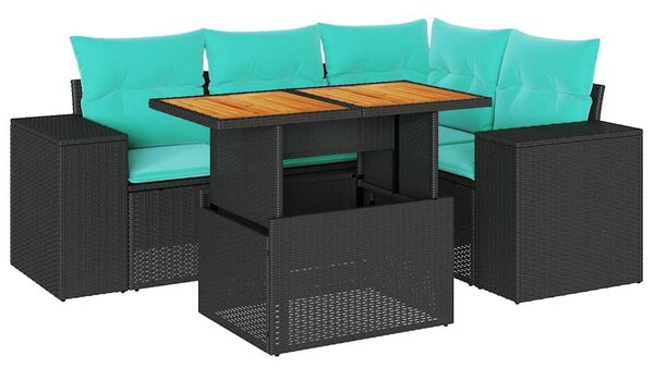 VidaXL 5 részes fekete polyrattan kerti kanapészett párnákkal