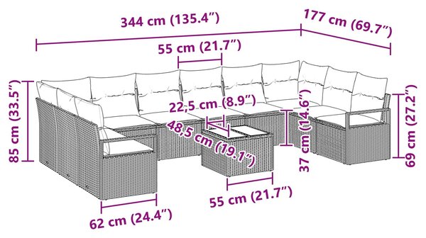 VidaXL Kanapé szett párnákkal, 11 db-os, barna polirattan