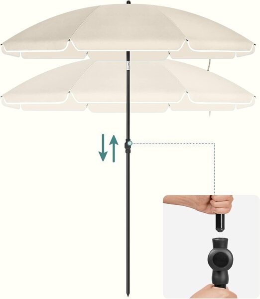 Terasz vagy strandernyő dőlési szöggel, UPF 50+ védelem, üvegszálas bordák, szállítótokkal, 200 cm átmérő, bézs