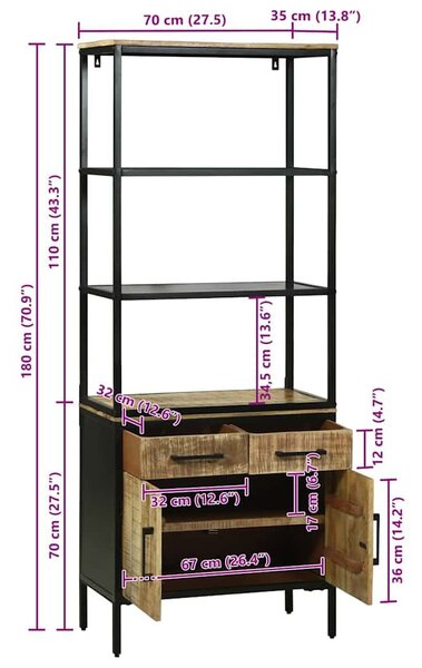 VidaXL Magasfiú fiókkal Barna 70 x 35 x 180 cm Tömör Mangófát