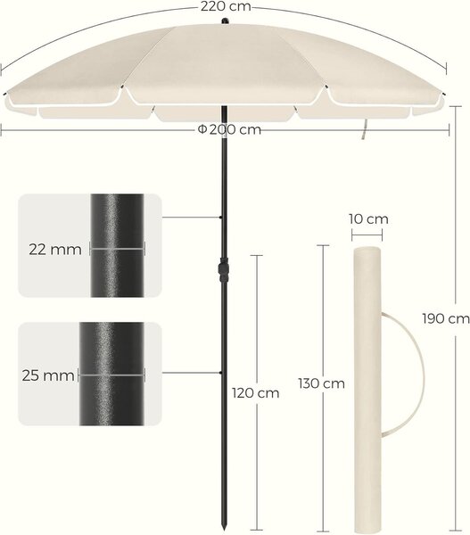 Terasz vagy strandernyő dőlési szöggel, UPF 50+ védelem, üvegszálas bordák, szállítótokkal, 200 cm átmérő, bézs