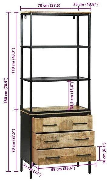 VidaXL Magasfiú fiókkal Barna 70 x 35 x 180 cm Tömör Mangófát