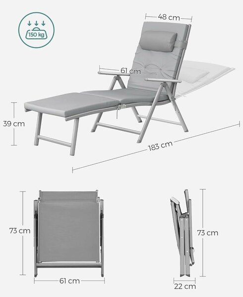 Összecsukható napozóágy 6 cm-es matracgal és fejtámlával, 7 pozíciós állítható háttámlával, korrózióálló alumíniumból, max. 150 kg, 183x60x39 cm, szürke