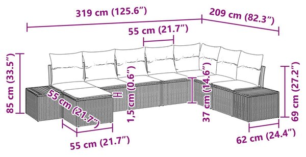 VidaXL Kerti Kanapé Szett párnával 8 pcs Barna polirattan