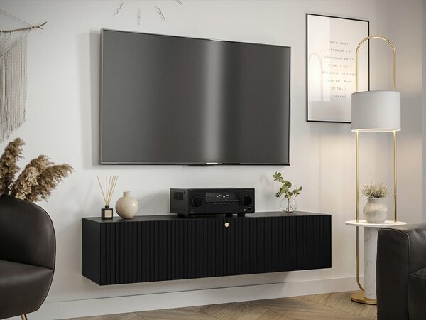 TV-állvány Anulio I, Közepes sűrűségű farostlemez, Laminált forgácslap, 34x150x40cm, Fekete