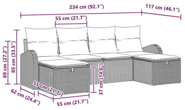 VidaXL Kanapé Szett párnával tárolóval 6 pcs Barna és Piros polirattan