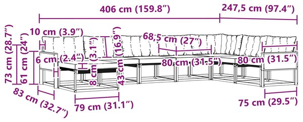 VidaXL Kültéri kanapé szett párnával 8 pcs Természetes és Fekete