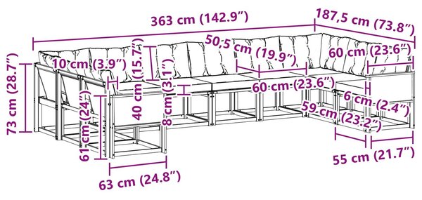 VidaXL Kültéri kanapé szett párnával 10 pcs Természetes és krémszínű