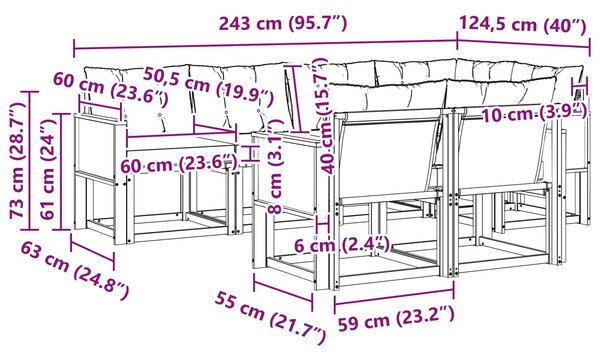 VidaXL Kültéri kanapé szett párnával 7 pcs Természetes és Fekete