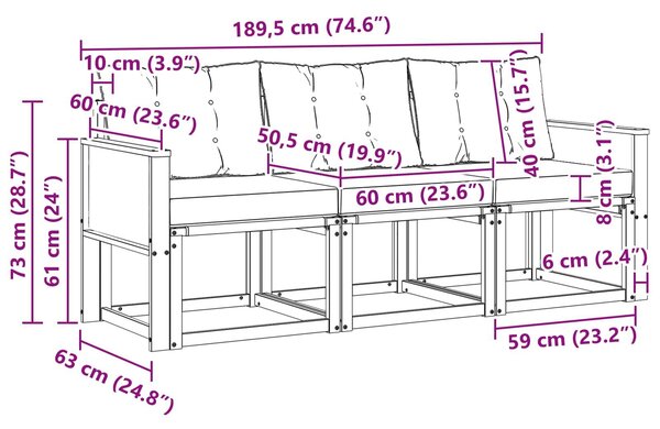 VidaXL Kültéri kanapé szett párnával 3 pcs Természetes és Fekete