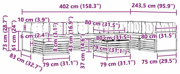 VidaXL Kültéri kanapé szett 9 pcs Természetes és antracit Tömör Akácfa