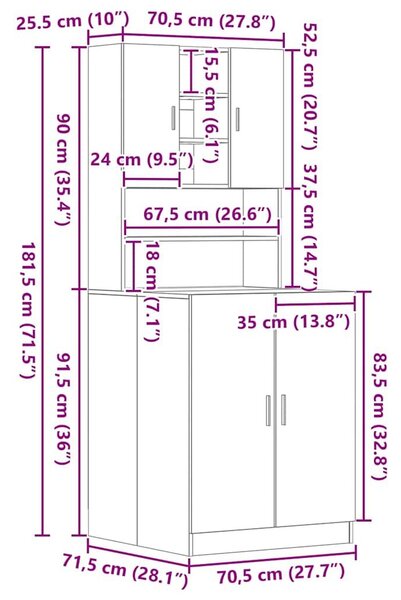 VidaXL Mosógép Szekrény 2 db Fekete Tölgy 70,5 x 71,5 x 181,5 cm