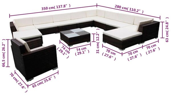 VidaXL 12 részes fekete polyrattan kerti ülőgarnitúra párnákkal