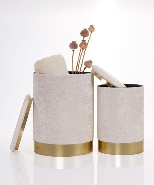Tároló puff 2 részes, fényes bársony 25x36 és 32x43 cm, krémszínű - arany - DUETTE