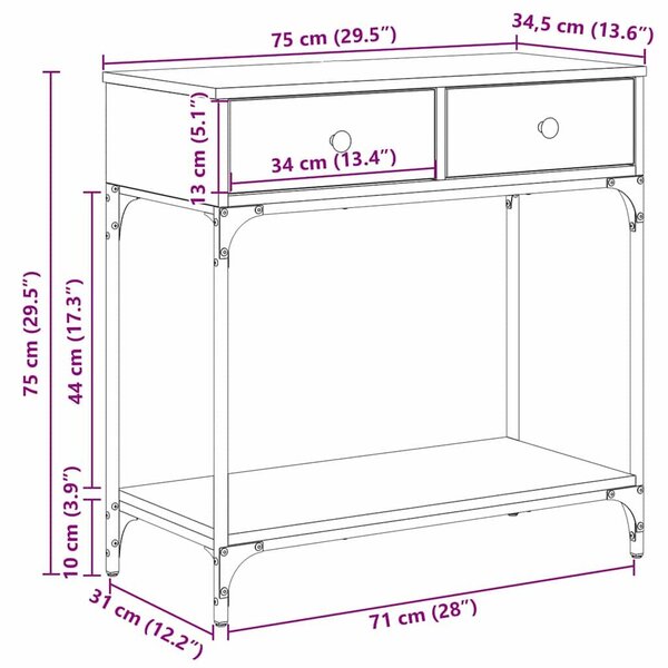 VidaXL Konzolasztal fiókkal kézműves tölgy 75 x 34.5 x 75 cm Faanyag