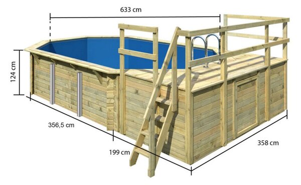 Karibu „4-es medence modell” fából (nyomáskezelt) 3,6x5,7 m nagy terasszal
