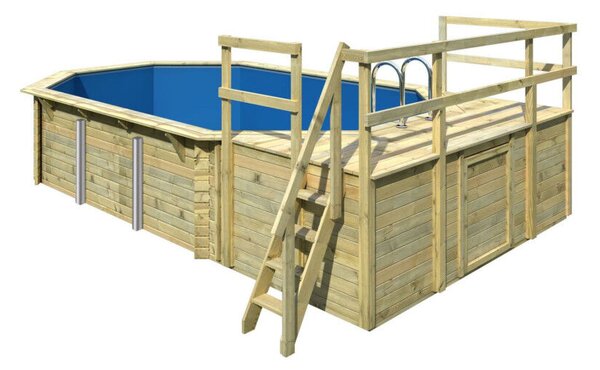 Karibu „4-es medence modell” fából (nyomáskezelt) 3,6x5,7 m nagy terasszal