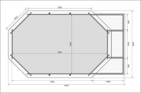 Karibu „4-es medence modell” fából (nyomáskezelt) 3,6x5,7 m nagy terasszal