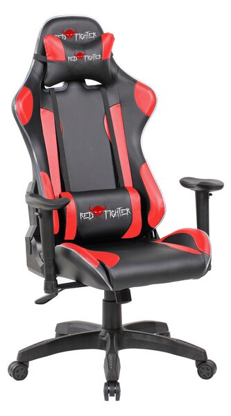 Red Fighter C8, Műbőr, 137 cm, Max. 132 kg, Állítható háttámla, Derék és fejtámasz, Fekete-Piros, Gamer szék