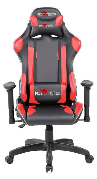 Red Fighter C8, Műbőr, 137 cm, Max. 132 kg, Állítható háttámla, Derék és fejtámasz, Fekete-Piros, Gamer szék