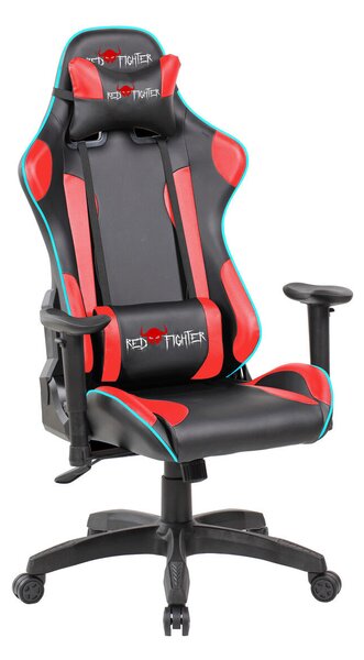Red Fighter C8, Műbőr, 137 cm, Max. 132 kg, Állítható háttámla, Derék és fejtámasz, Fekete-Piros, Gamer szék