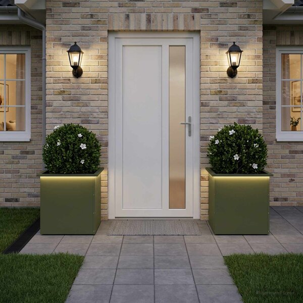 Led-es kerti virágláda 2 db Olajzöld 50 x 50 x 48 cm Acél